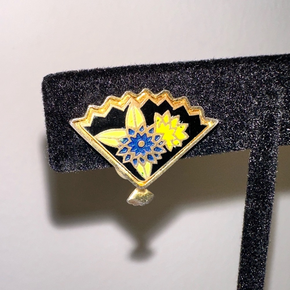 Vintage Fan-Shaped Enamel Floral Screw Back Earrings Gold Tone Black Yellow Blue